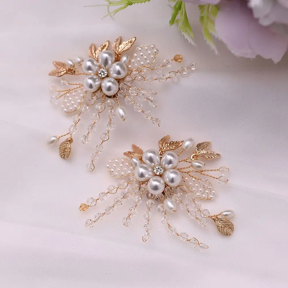 1Pair DIY Wedding Shoes Accessories Detachable Rhinestone High Heels Shoe Buckle Pearl Beads Elegant Bridal Shoes Decoration