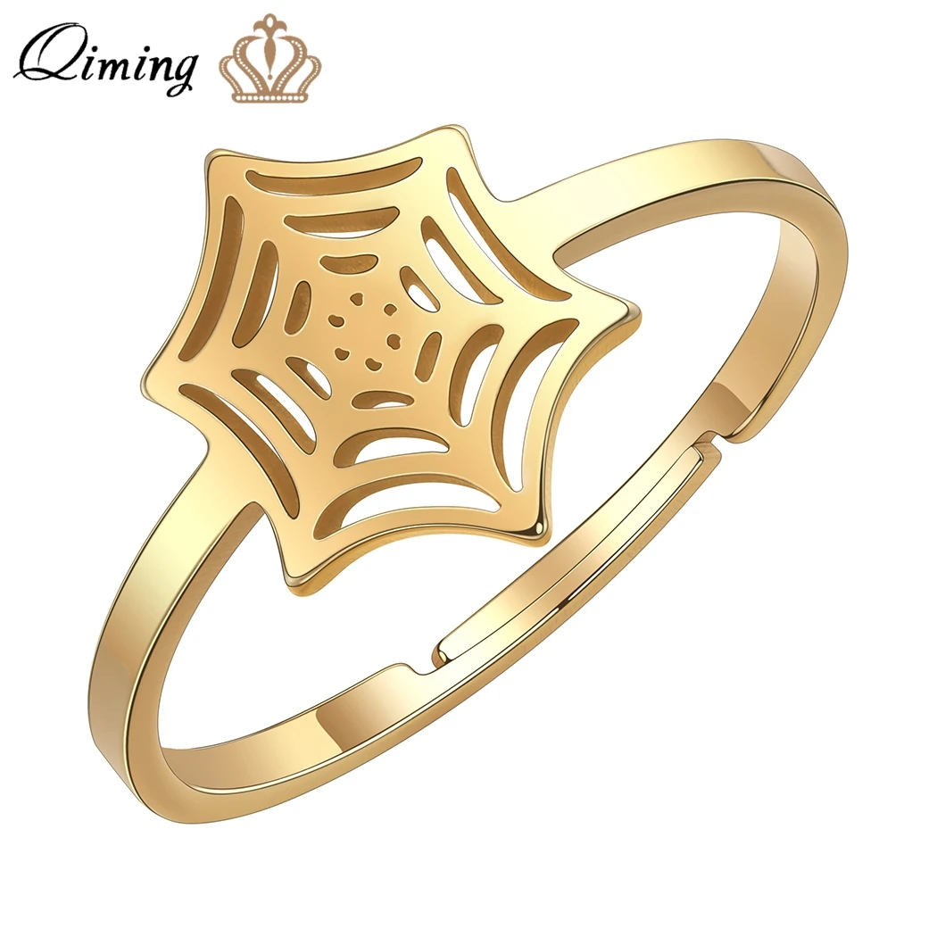 QIMING Spider Web Gold Rings Halloween Jewelry Stainless Steel  Men Women Finger Ring Punk Gift