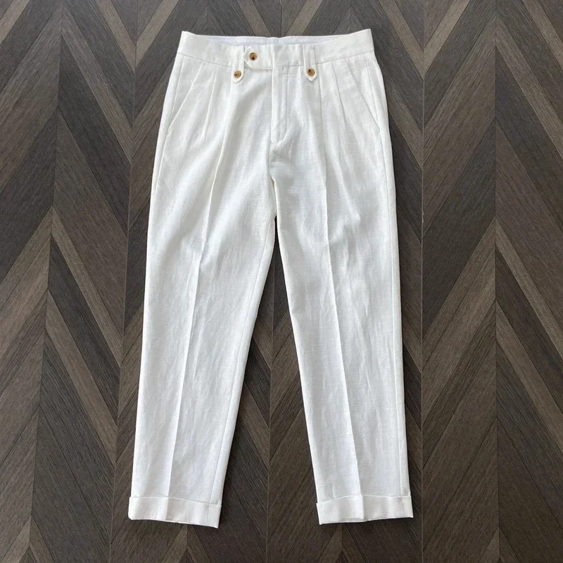Neapolitan gentleman elegant cotton and linen straight trousers men's business commuter versatile suit trousers