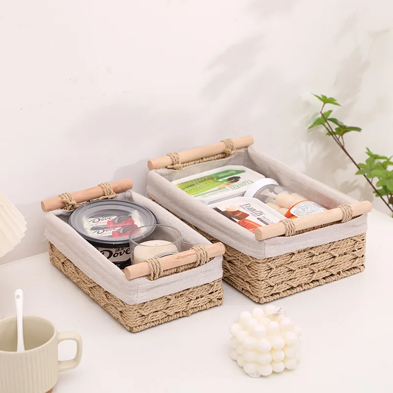 2pcs/set Handmade Storage Basket Wicker Organizer for Bathroom Kitchen Countertops Toilet Paper with Handle Home Decor
