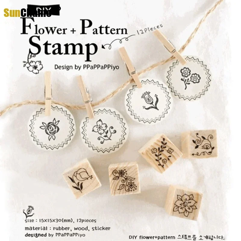 12 sztuka/pudło Mini drewniane i gumowe stemple Korea południowa DIY fok Matchbox Girl stempel kwiatowy dla Scrapbooking, rzemiosło materiały tło