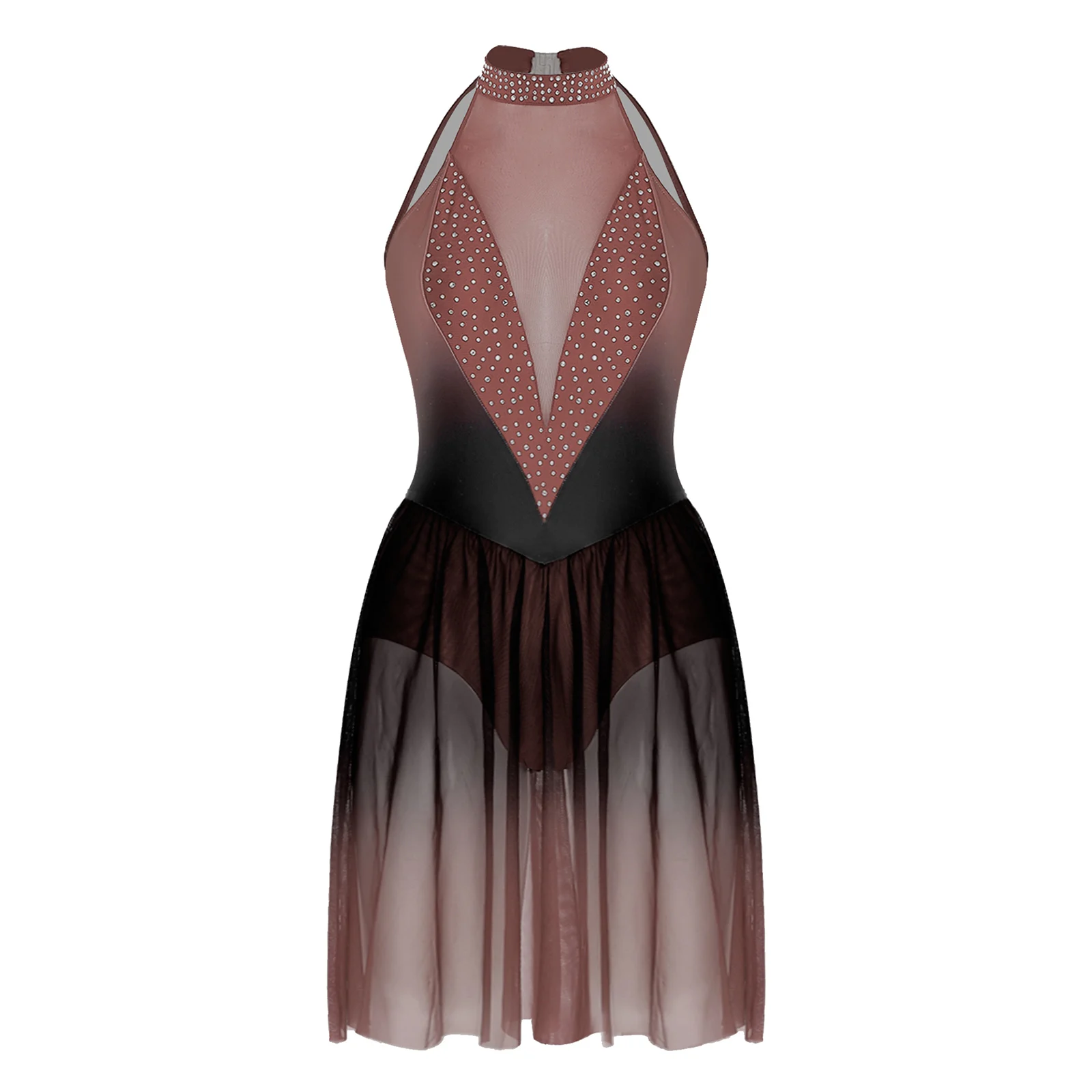 Abito da ballo lirico moderno da donna, senza maniche, con scollo all'americana, in rete trasparente, per pattinaggio di figura, con strass, body da ginnastica per balletto