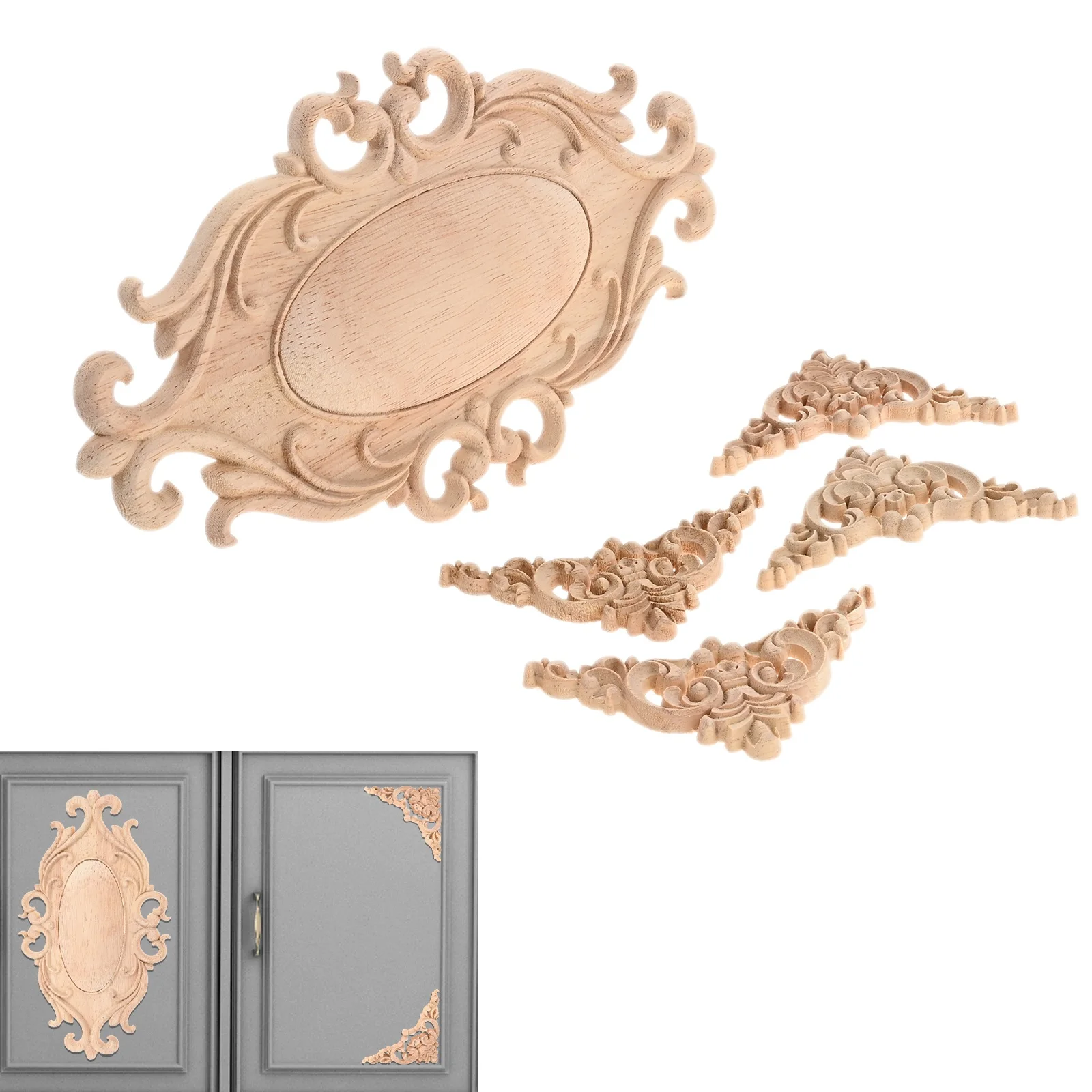 5pcs/set Wooden Decals 26cm Solid Wood Oval Applique 8cm Triangle Cut-out Flower Branch Onlays Decor Furniture Door Wall Cabinet
