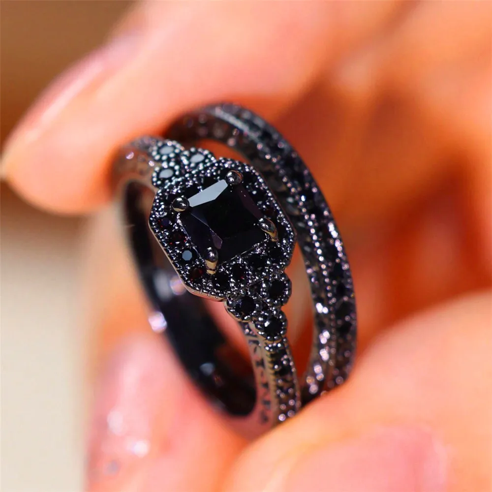 Vintage Male Female Crystal Zircon Stone Engagement Ring Set Black Gold Color Wedding Jewelry For Men And Women