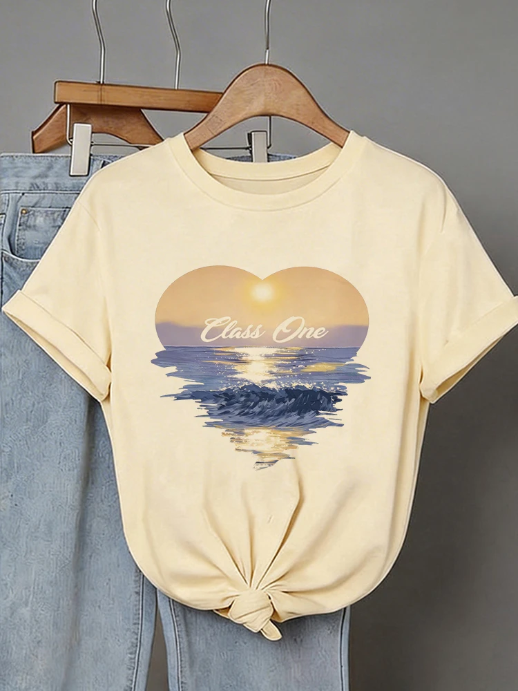 Heart Shape with Sunset As Background Print Graphic T Shirt Women's Short Sleeve T-shirt Casual Graphic Tees Tops Clothes Female