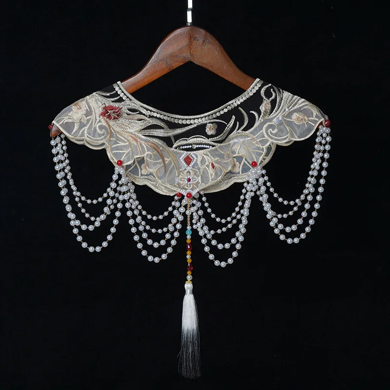 chinese improved pearl tassel hanfu accessory embroidery cloud shoulder tassel bride's shawl hanfu embroidered false collar