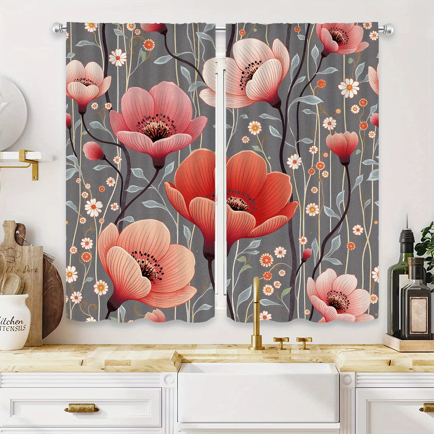2pcs Floral Print Curtains, Semi-Transparent Polyester Flannel Drapes with Rod Pocket Design for Bedroom, Living Room, Study
