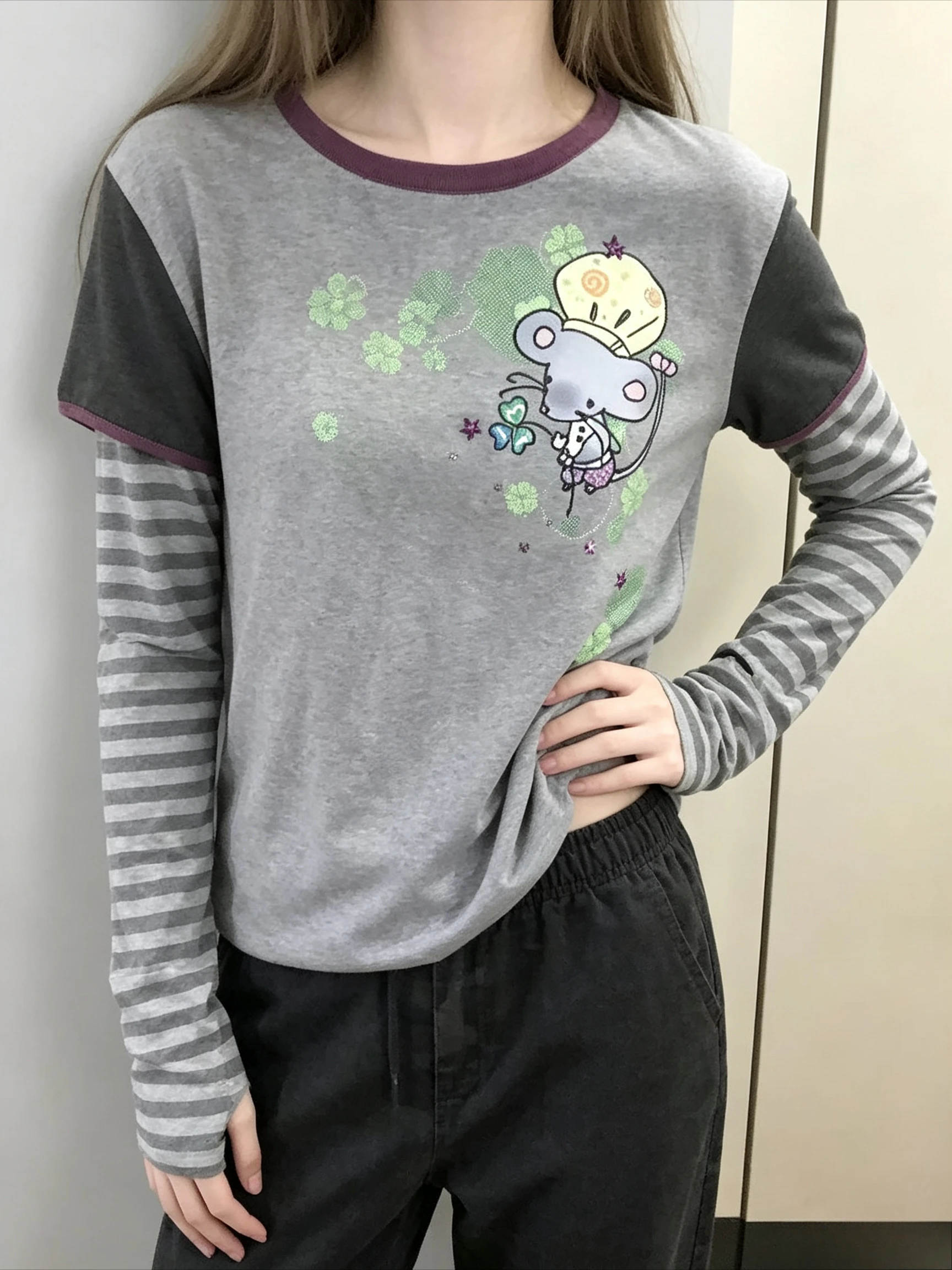 Round Neck Mock Two Piece Long Sleeve Top Cartoon Mouse Clover Print Contrast Color Trim Stripe Spliced Sleeve Loose T Shirt