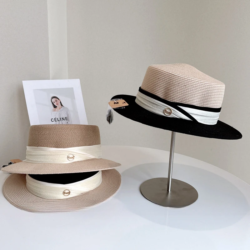 

Small fragrance contrast color bow Beach sun protection hat elegant light luxury silk hemp ribbon flat rim banquet top hat