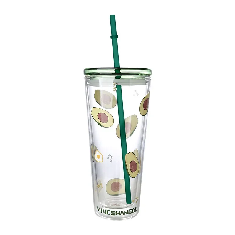 600ml Cup with Straw Large Capacity Glass Water   Double Layer Glass Cup Milk Tea with Lid Milk