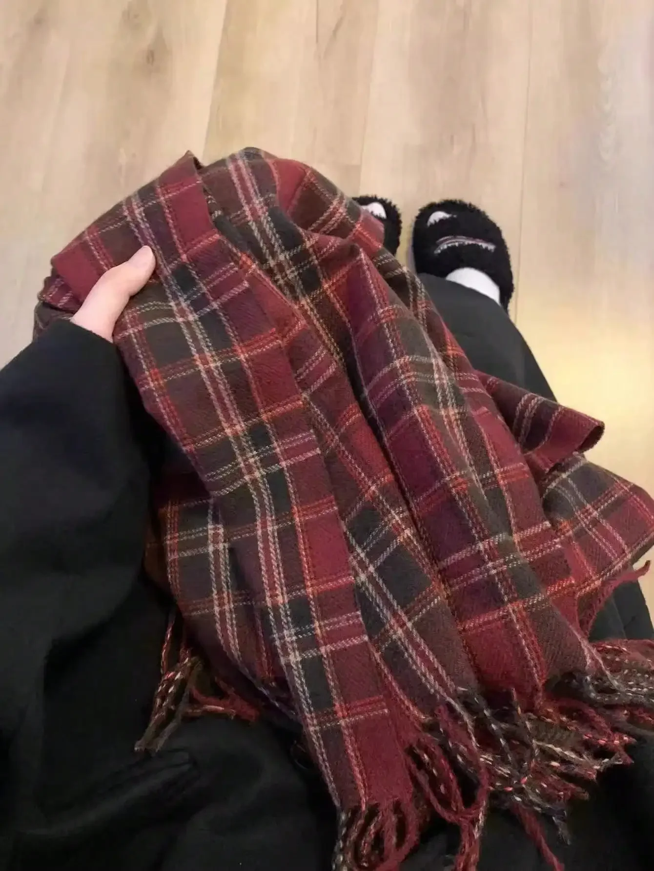 1 Piece Multicolor Plaid Nordic Style Tassel Rectangular Polyester Women's Scarf Couple Neckband Suitable For Daily Use