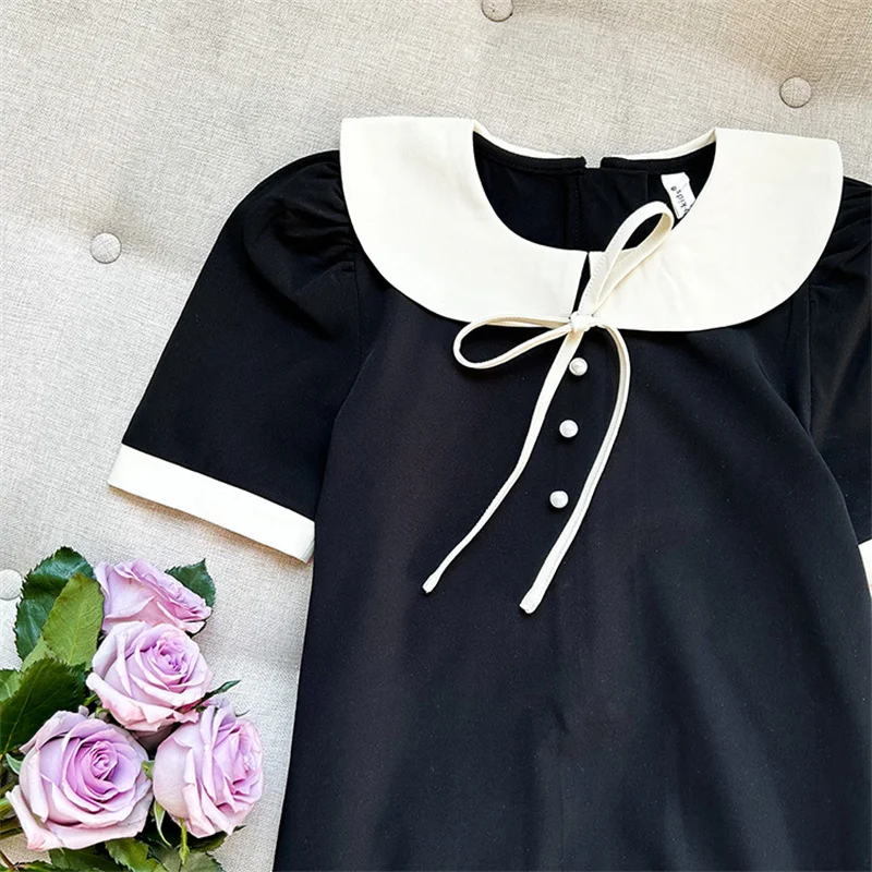 Girls Summer New Dresses Children Temperament Princess Gown Teenager Fashion Bow Vestidos Kids Peter Pan Collar Clothing