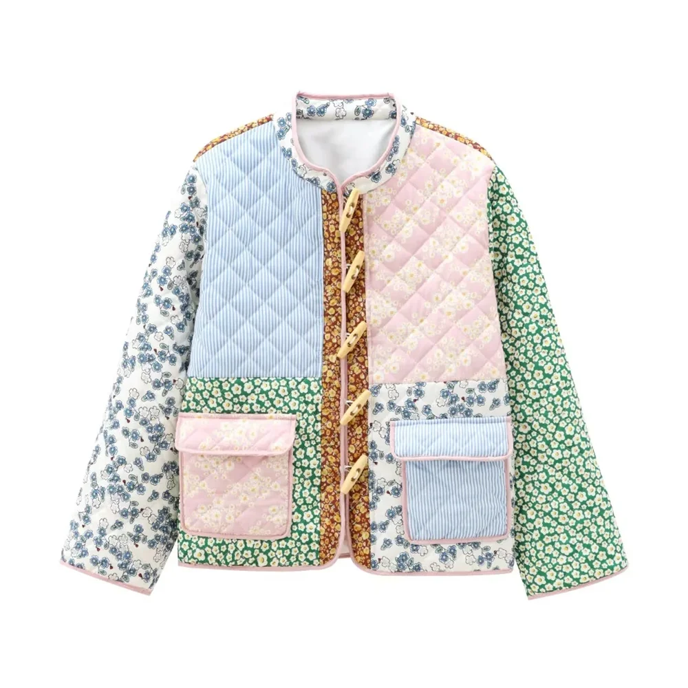 Kar&Otza 2024 autumn and winter new women's versatile stand up collar printed cotton loose casual patchwork cotton jacket