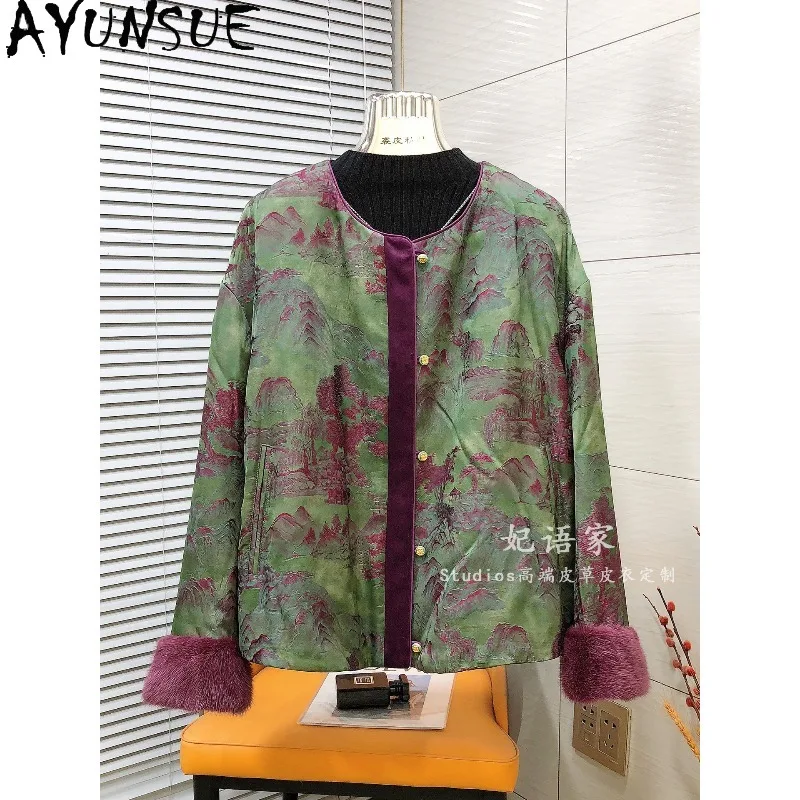 AYUNSUE Women's Autumn Winter Coat Chinese Style Fill with Mulberry Silk Outerwear Fashion Mink Fur Cuffs Jacket Woman Clothes
