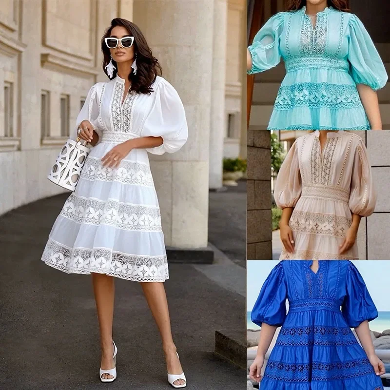 

Retro high waist big swing skirt 2025 spring and summer women's new stand-up collar embroidered lantern sleeve waist fashion