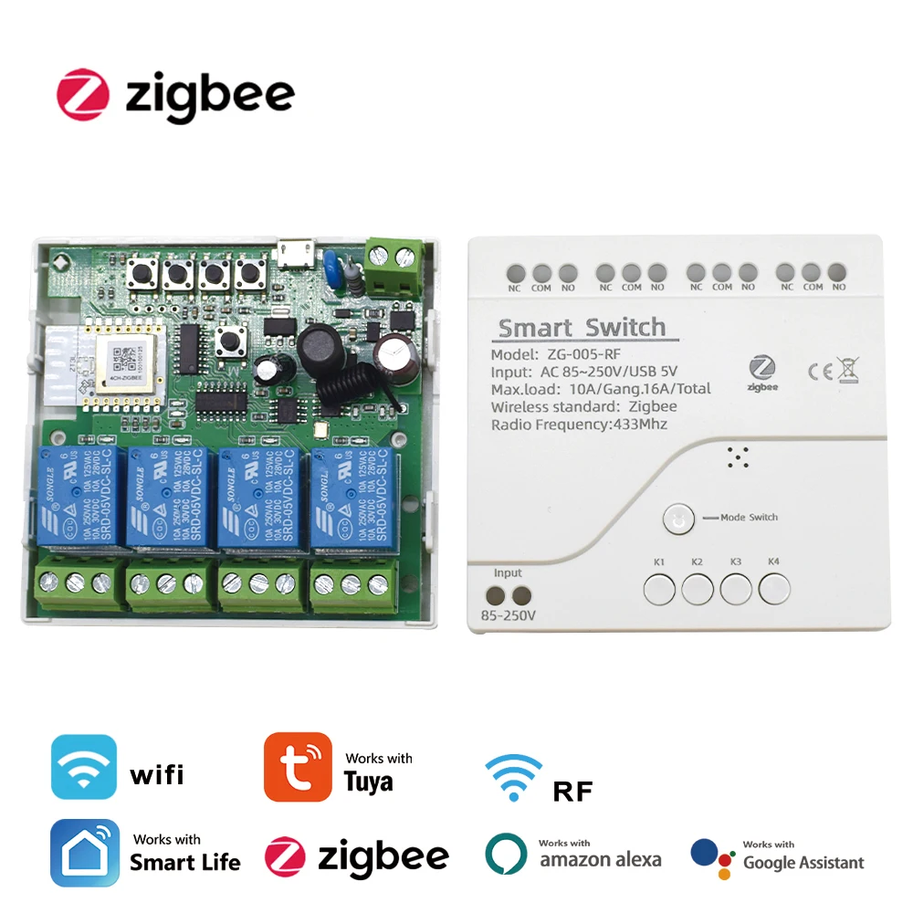 4CH Zigbee Tuya Smart Home Relay Module 85-250V Relay AC DC 7-32V 85-250V Works Alexa Google Assistant Smart Light Switch