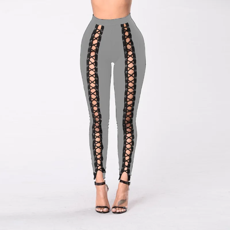 Frauen Schwarz Leggings Sexy Umreifung Strang Leer Seil Slim Fit Außen Tragen Hosen Mit Löcher Vorderes Lila Rot Große Größe vier – Detail 15