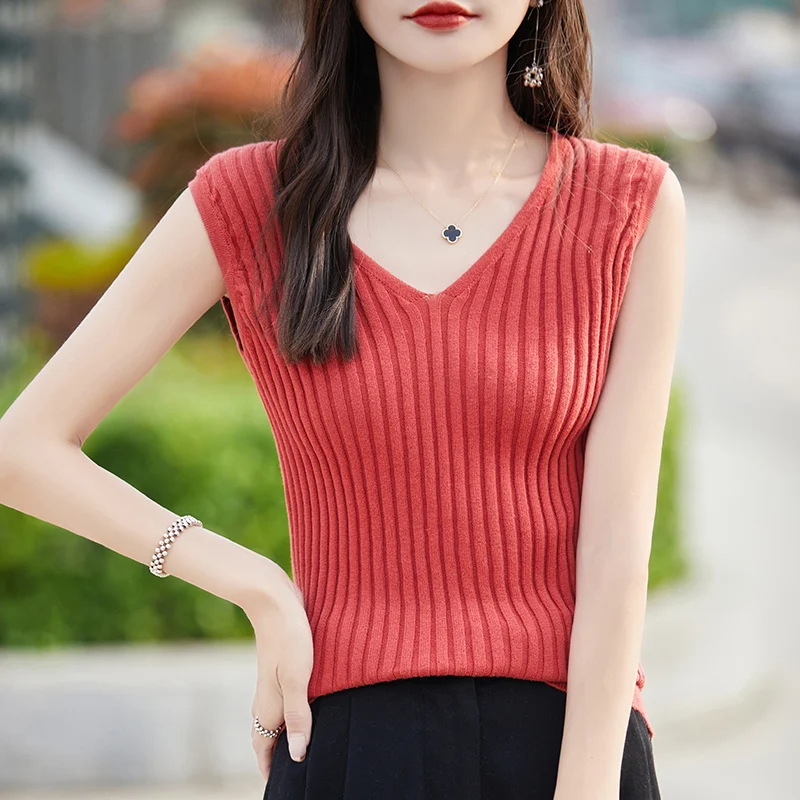 Women's T-shirt Summer New 100% Cotton Knitwear Casual Solid Color Ladies Tops V-neck Pullover Sleeveless Vest Slim Tees