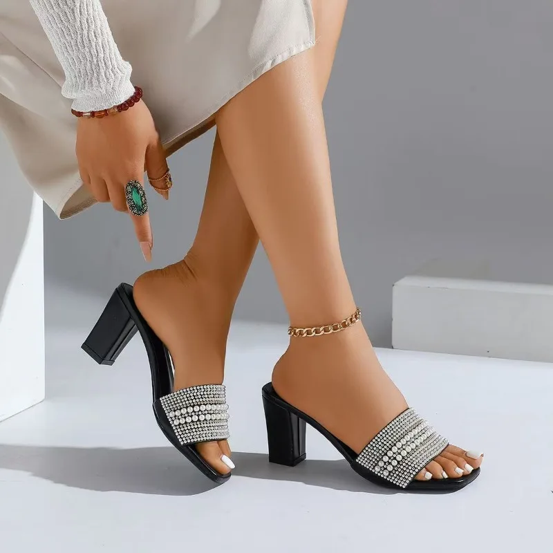 

Классические женские тапочки на высоком каблуке с квадратным носком, лето 2024, повседневные простые и универсальные удобные босоножки на высоком каблуке с открытым носком