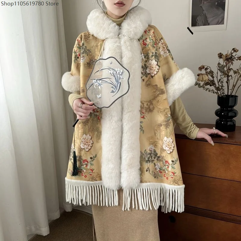 

Chinese Style Women Cosplay Plush Cloak Fringe Shawl Imitation Rex Rabbit Fur Collar Velvet Thick Cheongsam Wedding Cape Coat