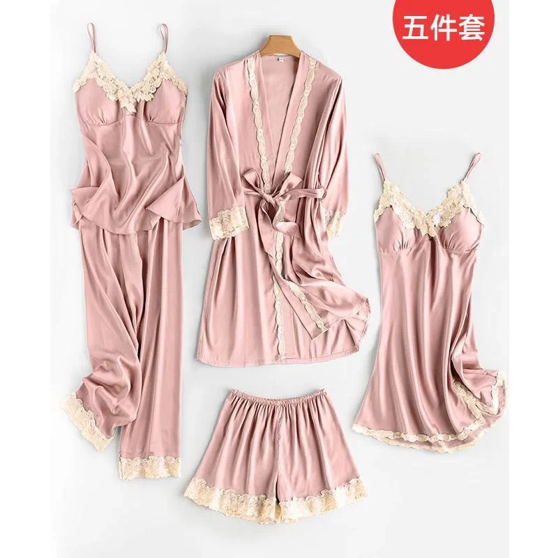 2025 High-end Luxury Sexy Ice Silk Lace Pajamas Spring Summer Women's Home Clothes Five Piece Set with Chest Pads Pajama Sets