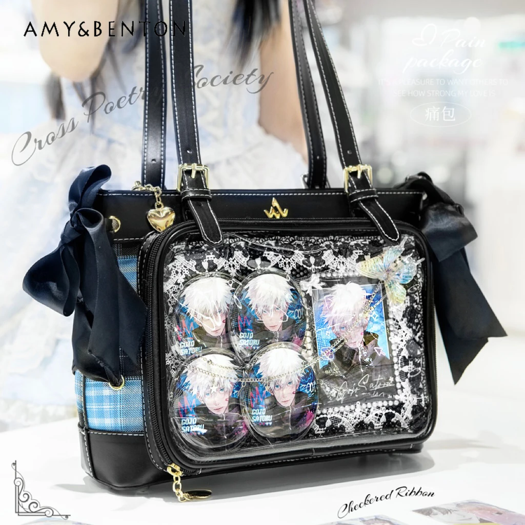 Original Sweet Cross Ribbon Bow Large Capacity Lolita Shoulder Bag Japanese Mine Plaid Stitching Transparent Kawaii Handbags