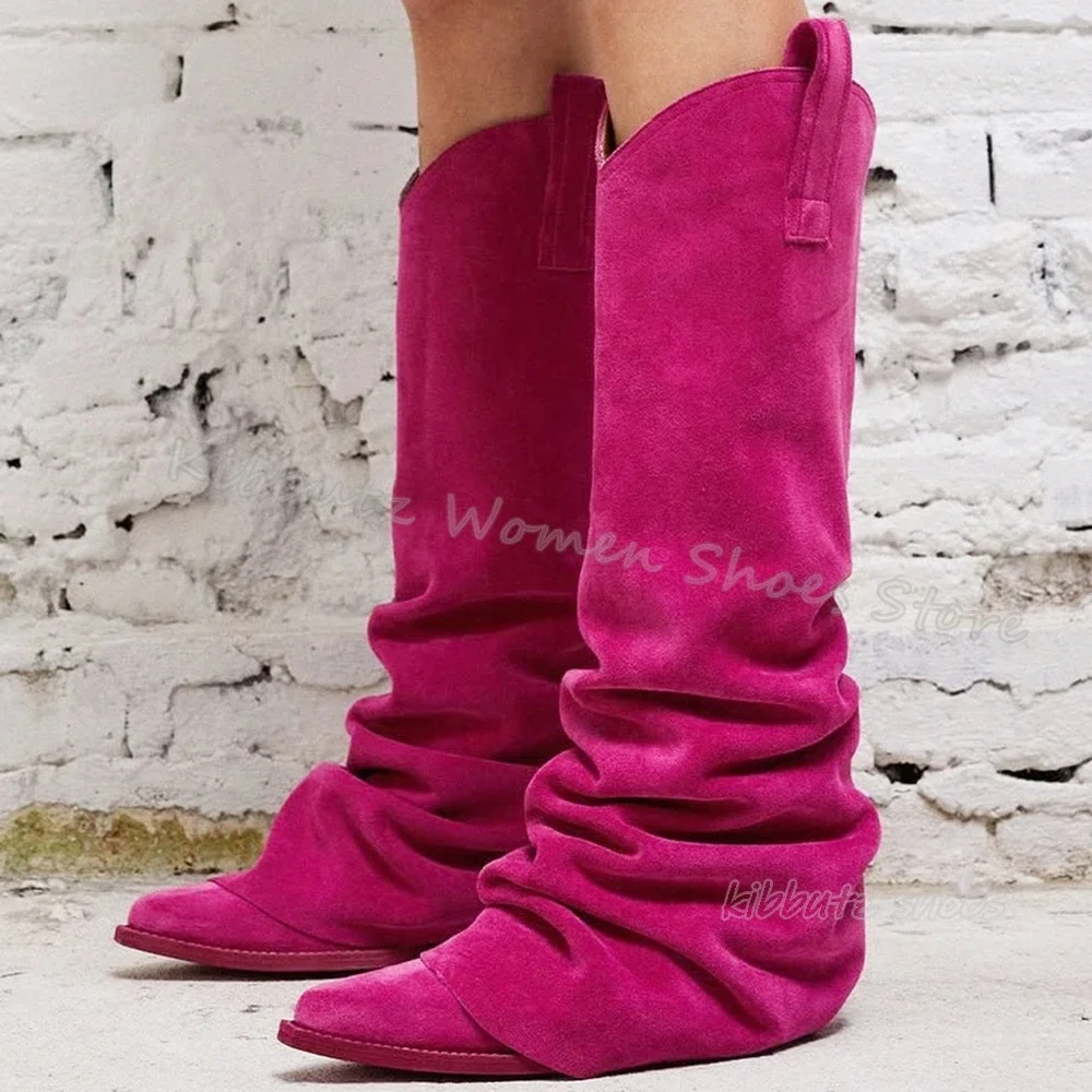 

Pleated Suede Knee High Boots Cowboy Fashion Elegant Sexy Concise Genuine Leather Solid Color Slip-On Shoes Pointy Chunky Heels