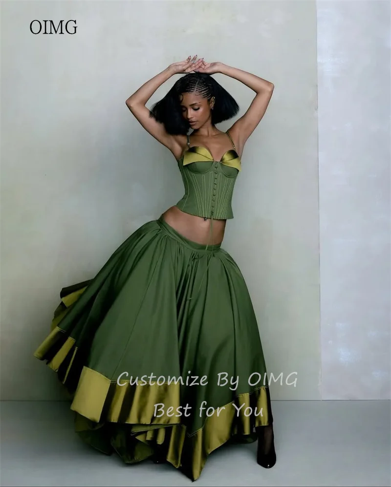 OIMG Modern Green Sweetheart Neck A Line Prom Gowns Satin Spaghetti Strap Party Gown Floor Length Evening Dress Customized