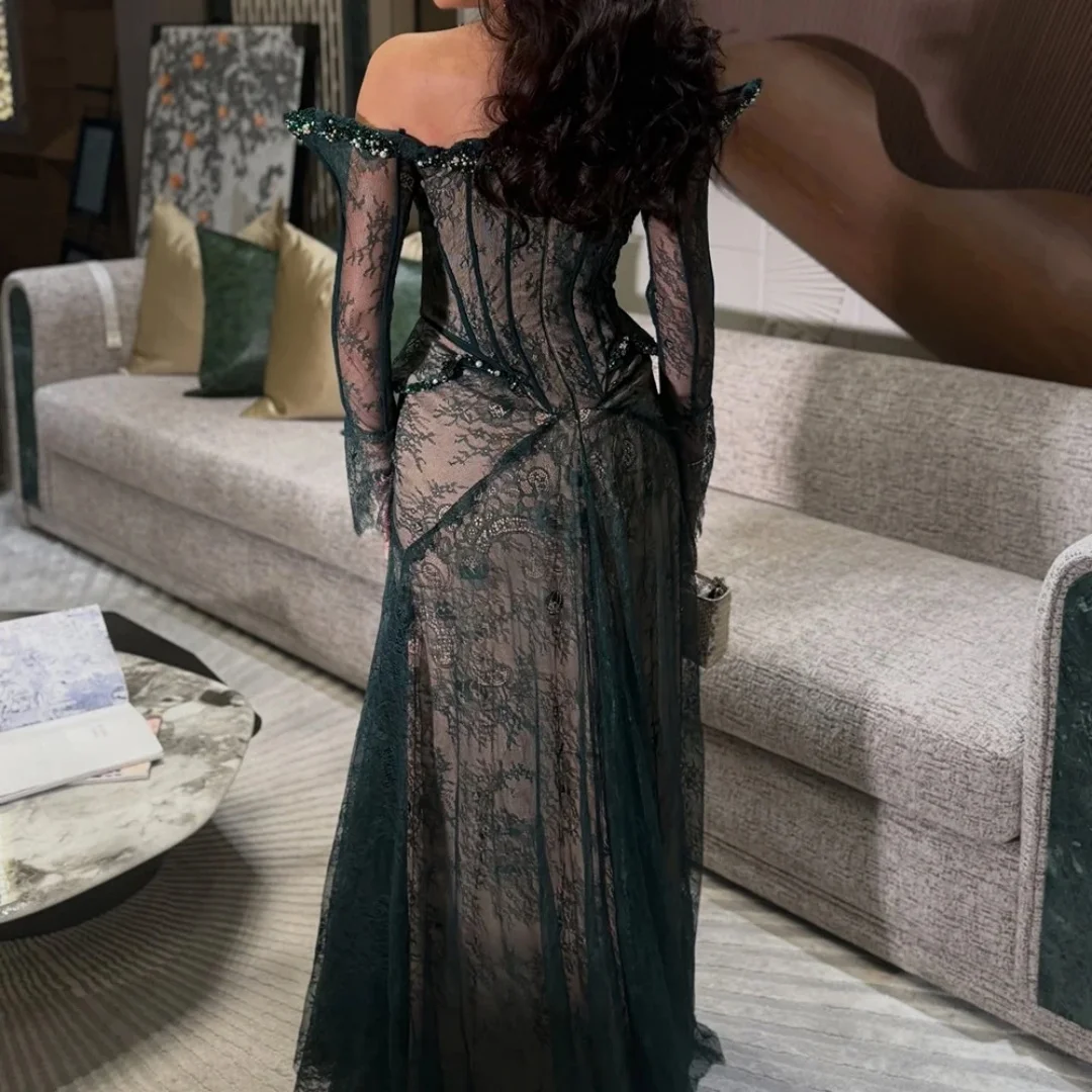 Amanda Customized Dark Green Formal Evening Dress Prom Dress Off Shoulder Lace Corset Mermaid Long Sleeve Beaded Trim Party Gown