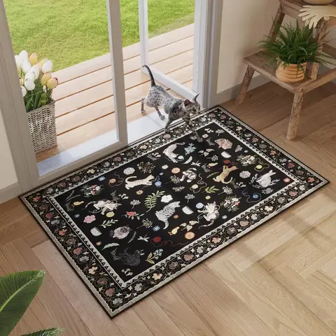 Machine Washable Floor Mat Floral Cat Pattern Non Slip Black for Home Kitchen Bathroom Entryway Decor