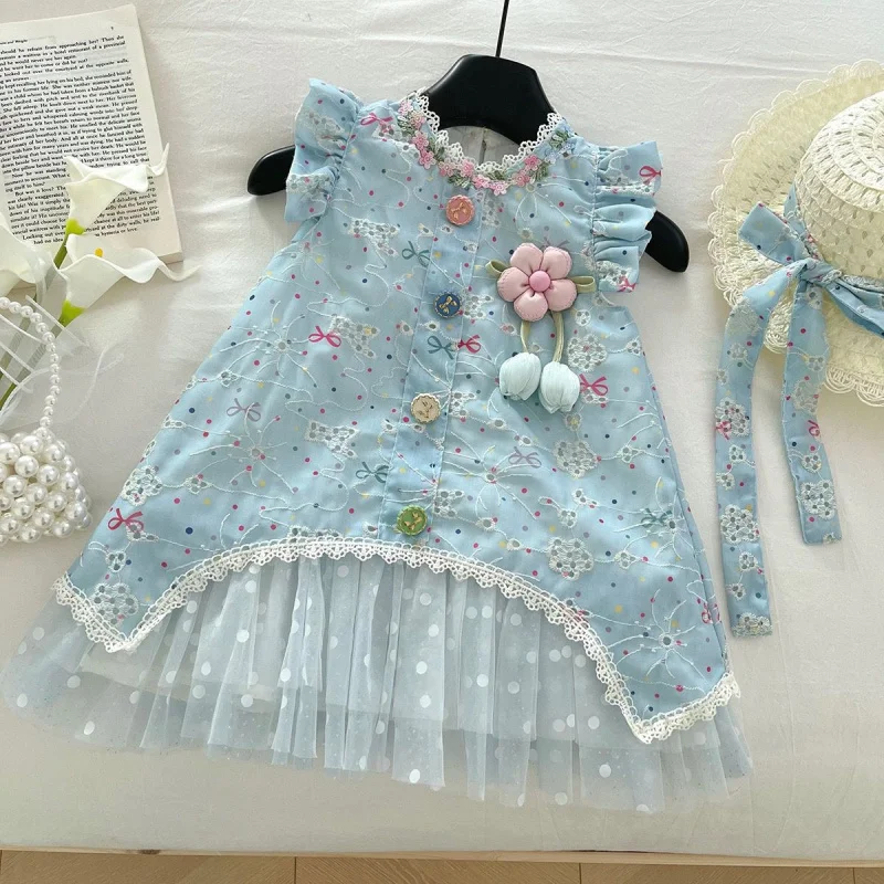 

2025Summer Girls' Dress Little Girl Flower Embroidery Princess Dress Chinese Style Children's Retro Dress Wholesale