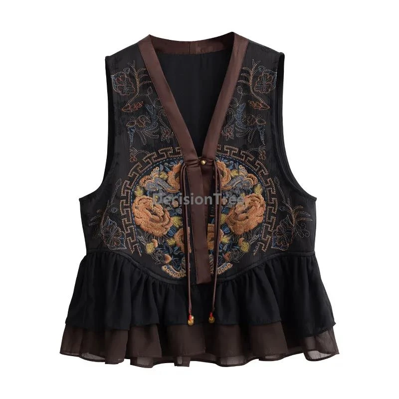 

2025 элегантный кружевной лоскутный жилет для отдыха в китайском этническом стиле, литературный художественный жилет дзен, темпераментный винтажный женский повседневный жилет