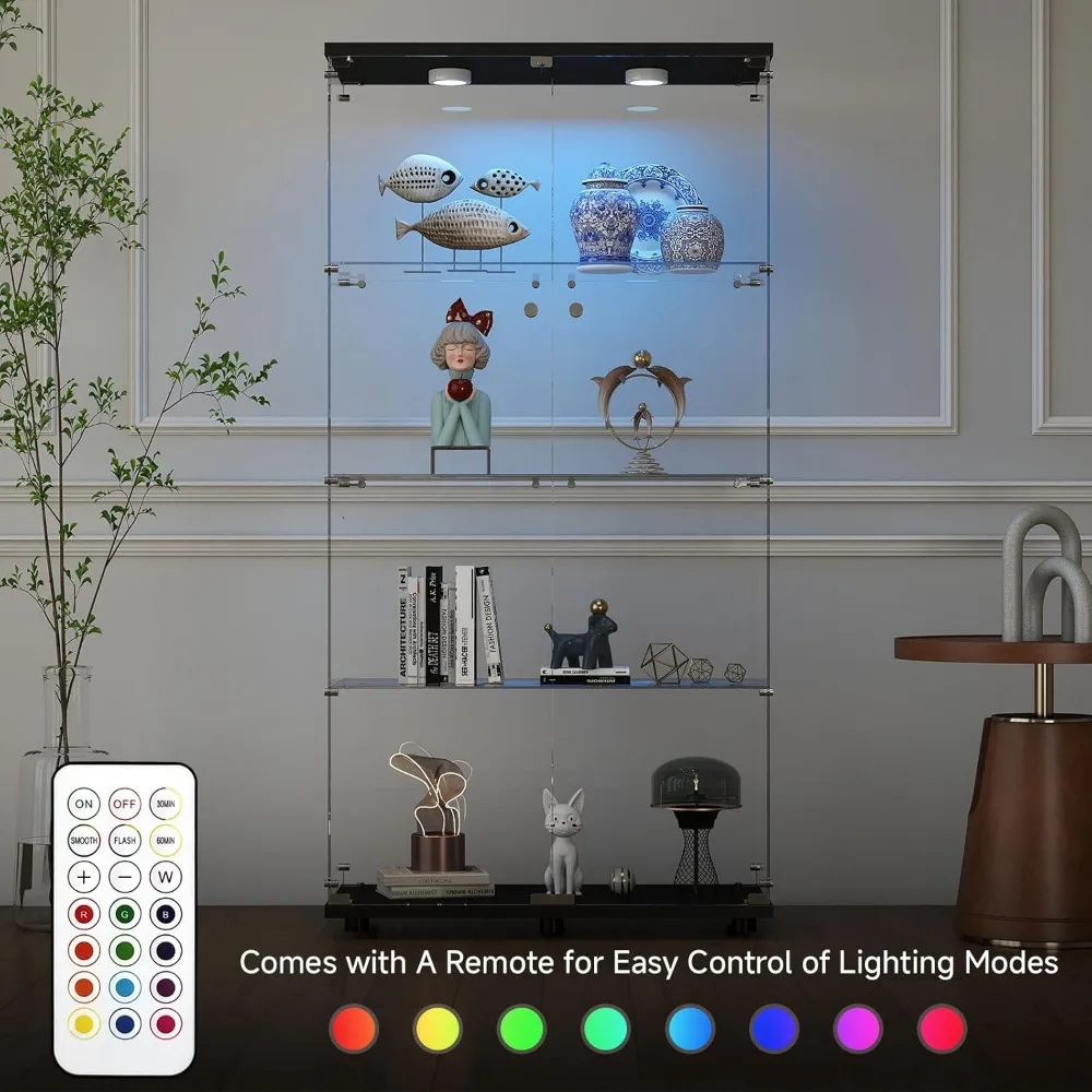 

LED 4-Tier Glass Display Cabinet with Glasses Doors and Lock, Glasses Displays Case for Collectibles, Glass Display Cabinet