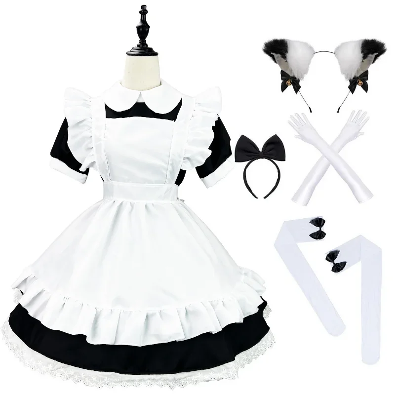 Fantasia clássica de cosplay empregada para meninas, anime, preto, branco, tamanhos grandes, avental, gata empregada, kawaii, roupas japonesas, princesa, vestido lolita, festa