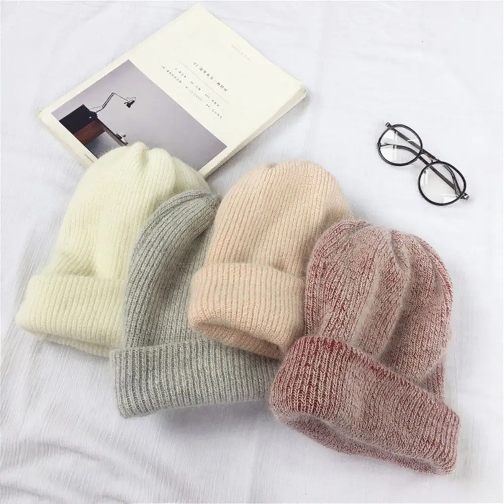 

Solid colors Rabbit Fur Warm Beanies Hats Thickened Casual Rabbit Caps Knitting Pullover Yarn Hat for Women Man