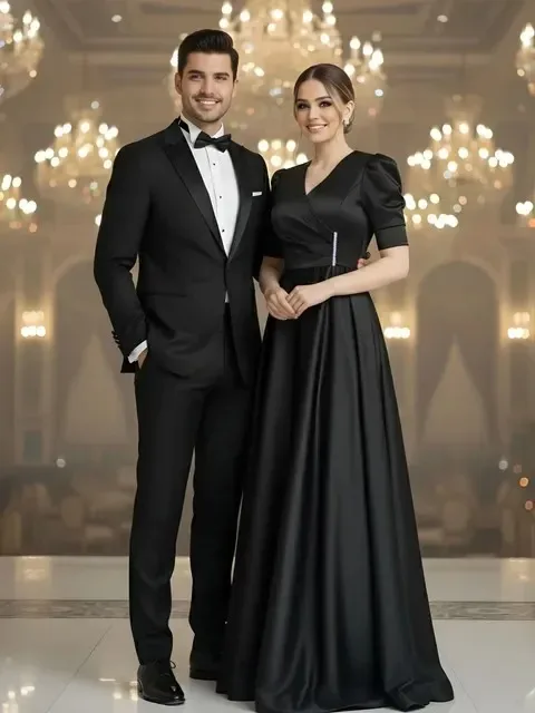 

Индивидуальный пошив: Новое элегантное черное атласное вечернее платье 2026 года с V-образным вырезом, рукавами-фонариками и силуэтом А-силуэт для женщин, для выпускных и торжественных мероприятий, Саудовская Аравия