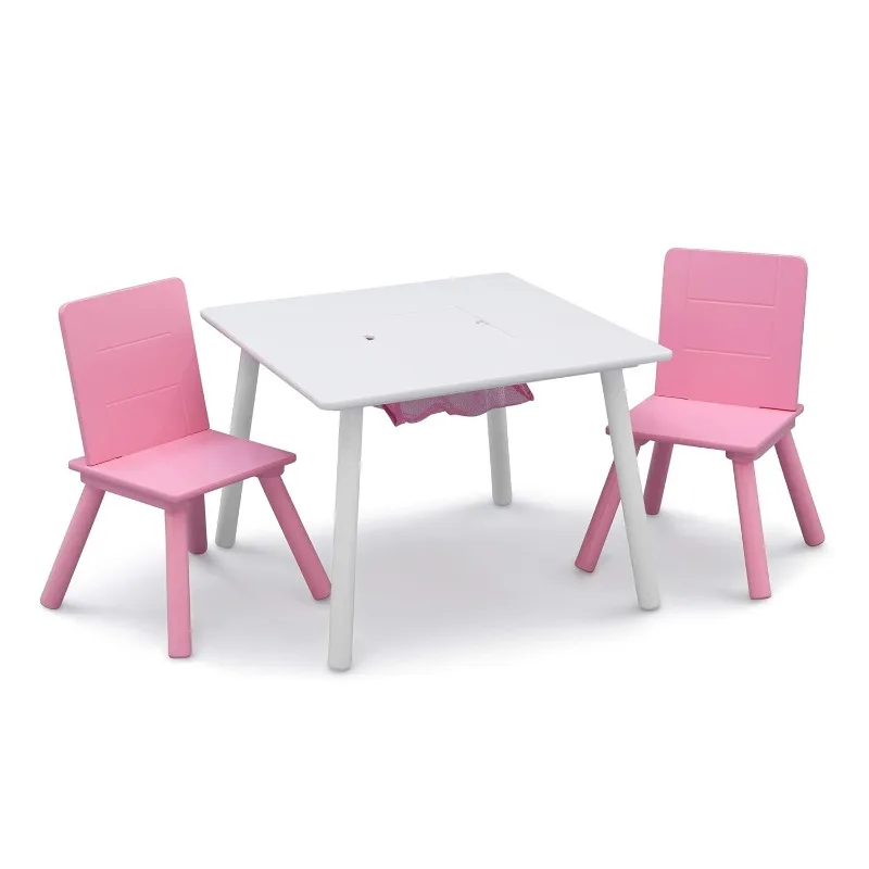 Conjunto de Mesa e Cadeira Infantil com Armazenamento, Branco, Rosa, 2 Cadeiras Incluídas