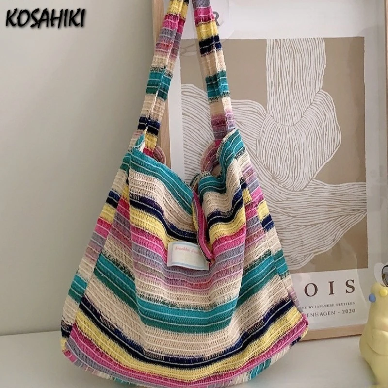 Knitted Stripe Women Contrast Color Tote Handbags Rainbow Y2k Aesthetic Grunge Shoulder Bag Fashion High-capacity Crossbody Bags