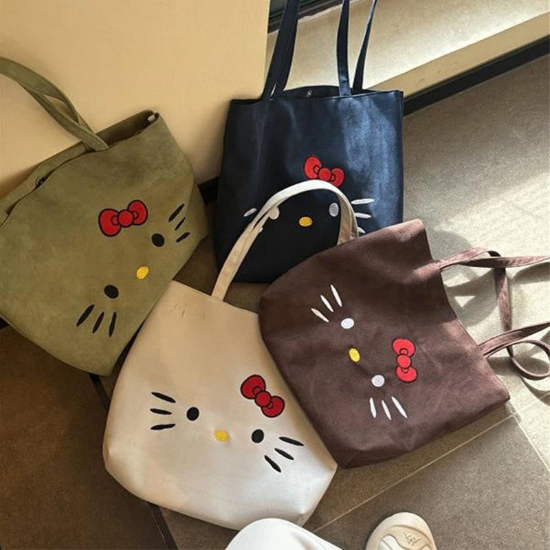 Cartoon Embroidered Kt Cat Shoulder Bag Cute Folding Big Travel Bag Casual Handbag Kawaii Portable Versatile Handbag Gifts