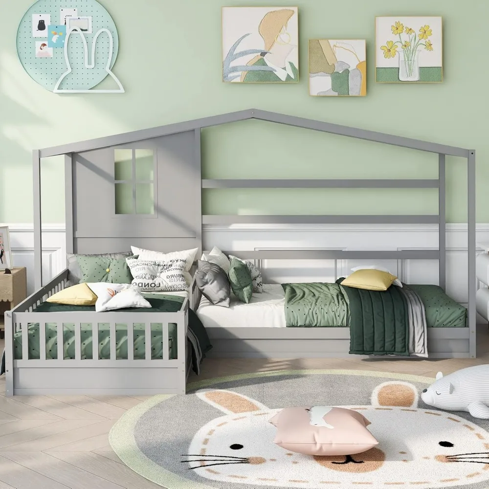 Camas de casa em forma de L para 2 crianças, cama de plataforma de canto de tamanho duplo, estrutura de cama montessori de madeira com trilhos de cerca e painéis decorativos