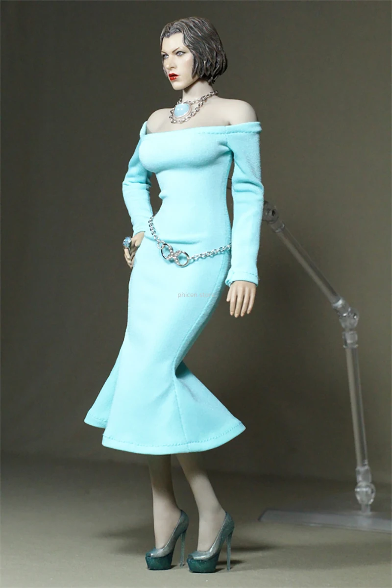 1/6 Scale Blue Flared Knee Length Skirt Lady Banquet Dress Clothes Model for 12in Phicen Tbleague Action Figure Toys