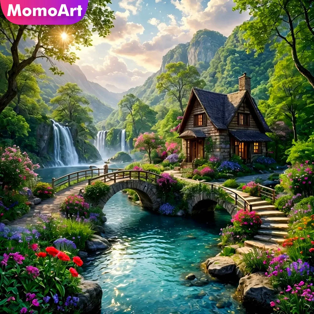 Momoart Diamond Art Painting Mountain Acrylic Craft Supplies Mosaic Waterfall DIY Rhinestones Embroidery House Home Decor
