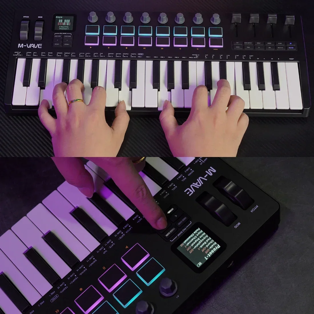 M-VAVE SMK-37 PRO Keyboard 37 Key MIDI Controller For WINDOWS IOS MAC Android​ w/ Built-in Synth Engine 8 Knobs+4 16 RGB Pads