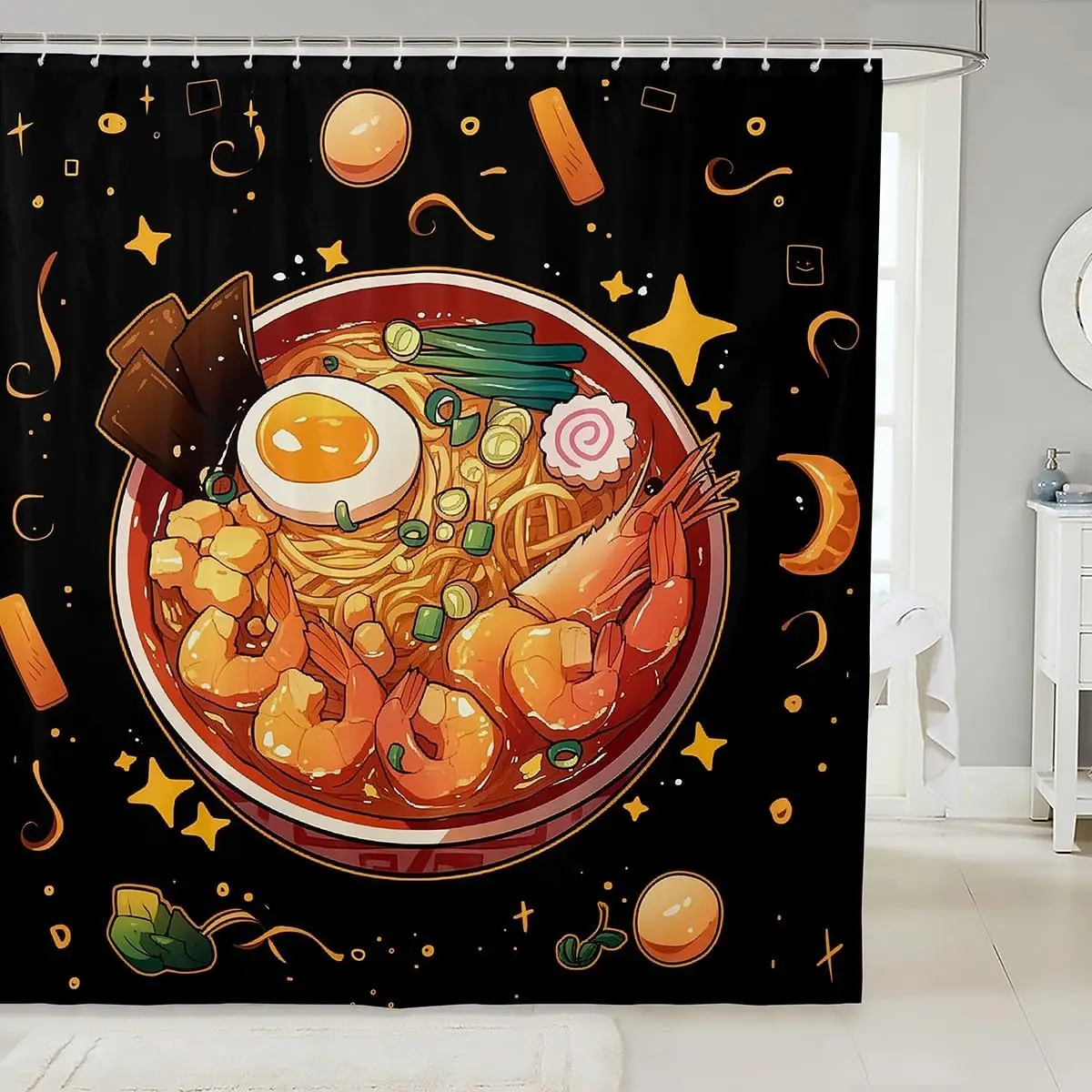 Ramen Noodle Bowl Shower Curtain, Japanese Food Art Print, Black Background Kitchen Decor, Waterproof Polyester Fabric