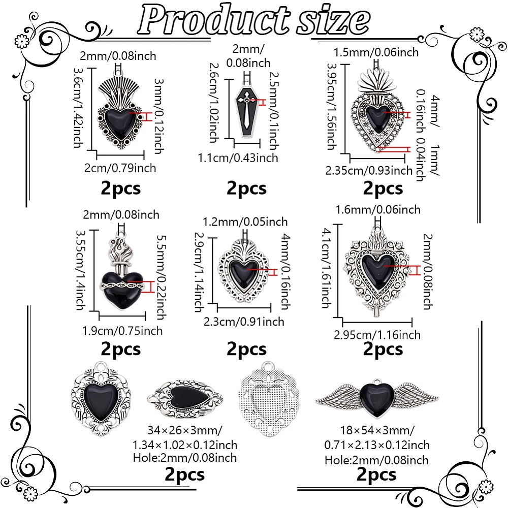 16Pcs Gothic Heart Charm Black Love Charms Sacred Heart Charms Gothic Theme Alloy Enamel Dangle Pendant for Jewelry Making