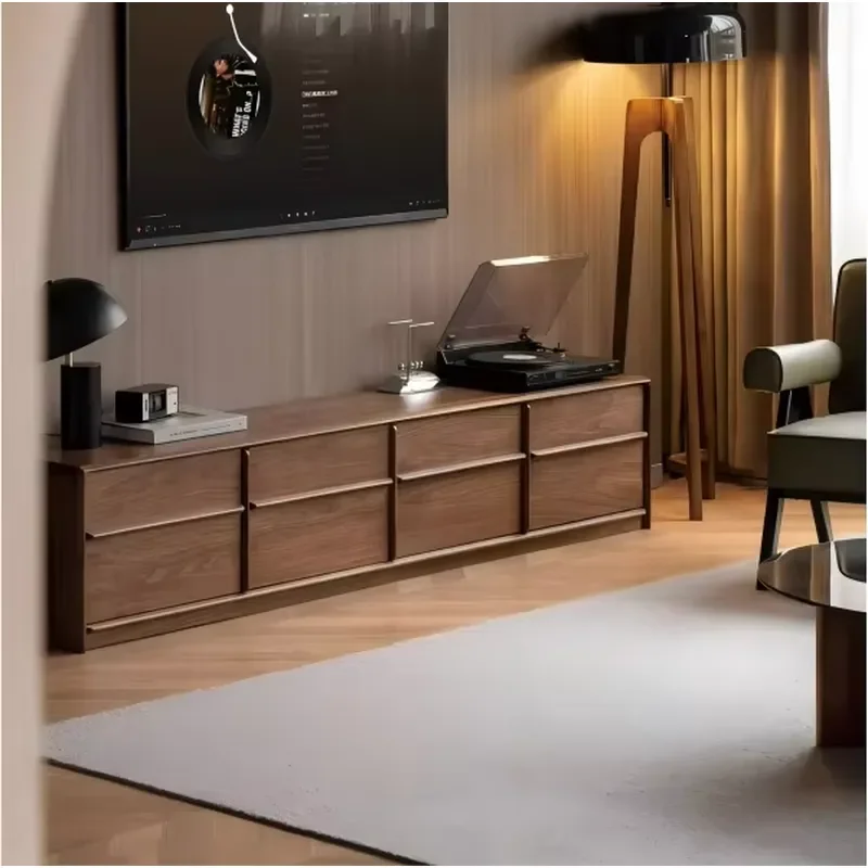 Solid Wood TV Cabinet Living Room Modern Simple Design Floor Standing Black Walnut Wood Light Home Furniture