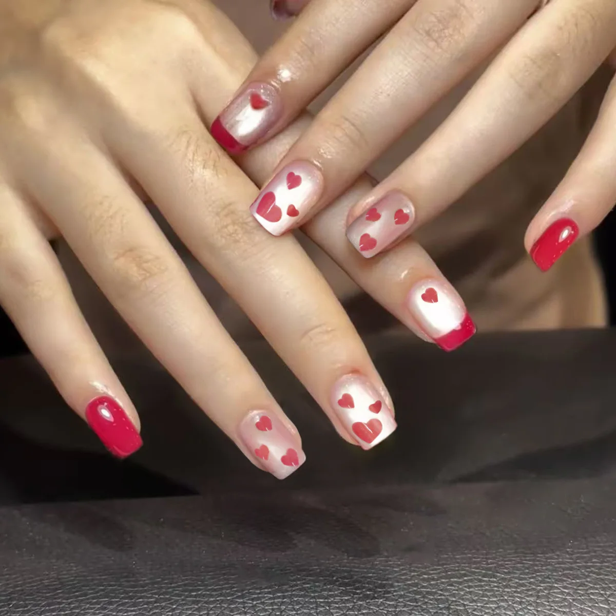 

24Pcs Medium Square Press on Nails - Minimalist Red Border with Red Hearts, Iridescent Cat Eye and Magenta Solid Color