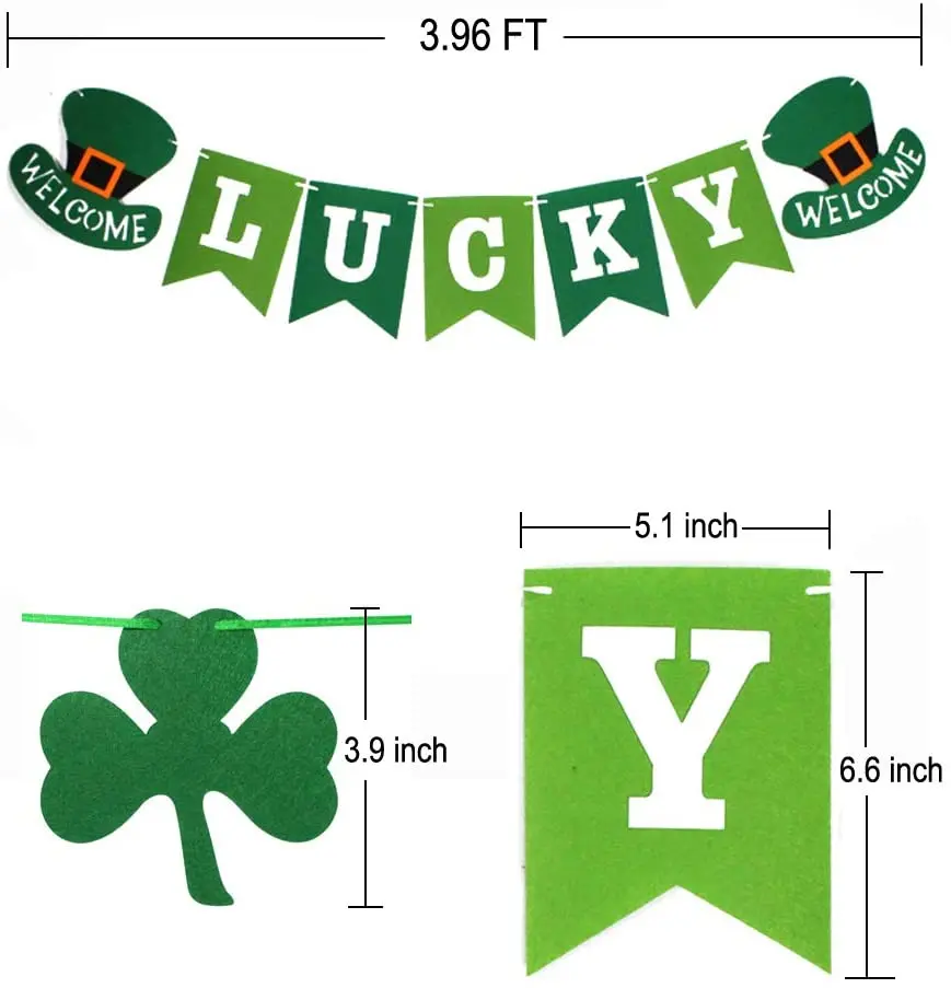 Green Hollow Lucky Irish Shamrock Clover Fabric Triangle Banner Flag St. Patrick’s Day Party Shamrock Garland Hanging Decoration