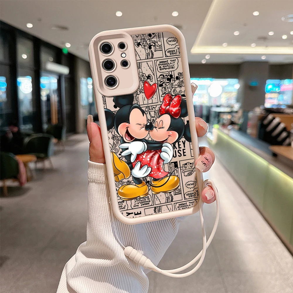 Cute Couple Mickey Minnie Phone Case for Samsung S24 S23 S22 S21 Note 20 Plus Ultra 5G Soft Silicone TPU Cover With Hand Strap