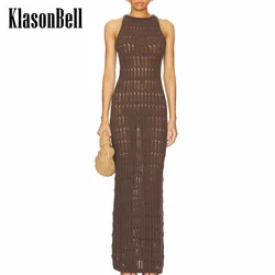 8.7 KlasonBell Women Temperament Hollow Out Jacquard Knit Long Dress With Spaghetti Strap Lining Sexy Hot Girl Slim Dress